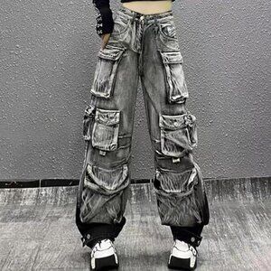 Gothic Y2K Streetwear Women's Cargo Jeans - Multi-Pocket Gradient Denim Pants, H